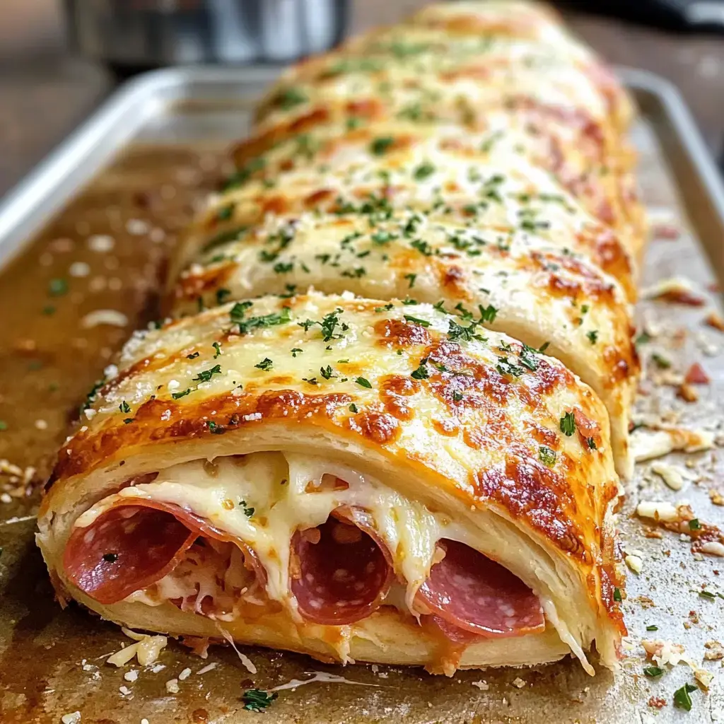A crispy roll packed with melted cheese, herby topping, and rich slices of pepperoni showing inside.