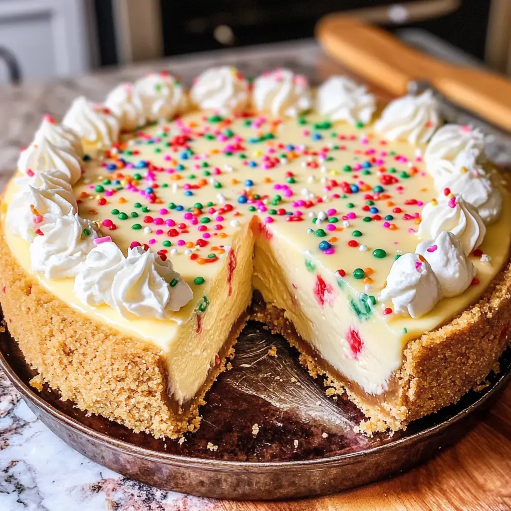 A creamy cheesecake covered in sprinkles with a golden crust and some whipped cream, missing one slice.