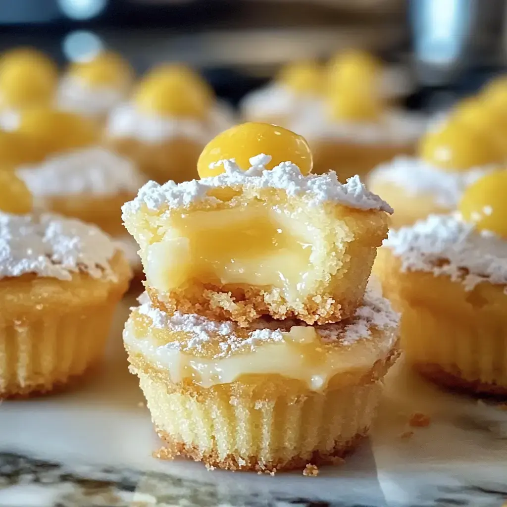Close-up shot of cupcakes filled with lemon curd, dusted with powdered sugar and a yellow candy on top. One cupcake is split open, showing the fluffy filling.