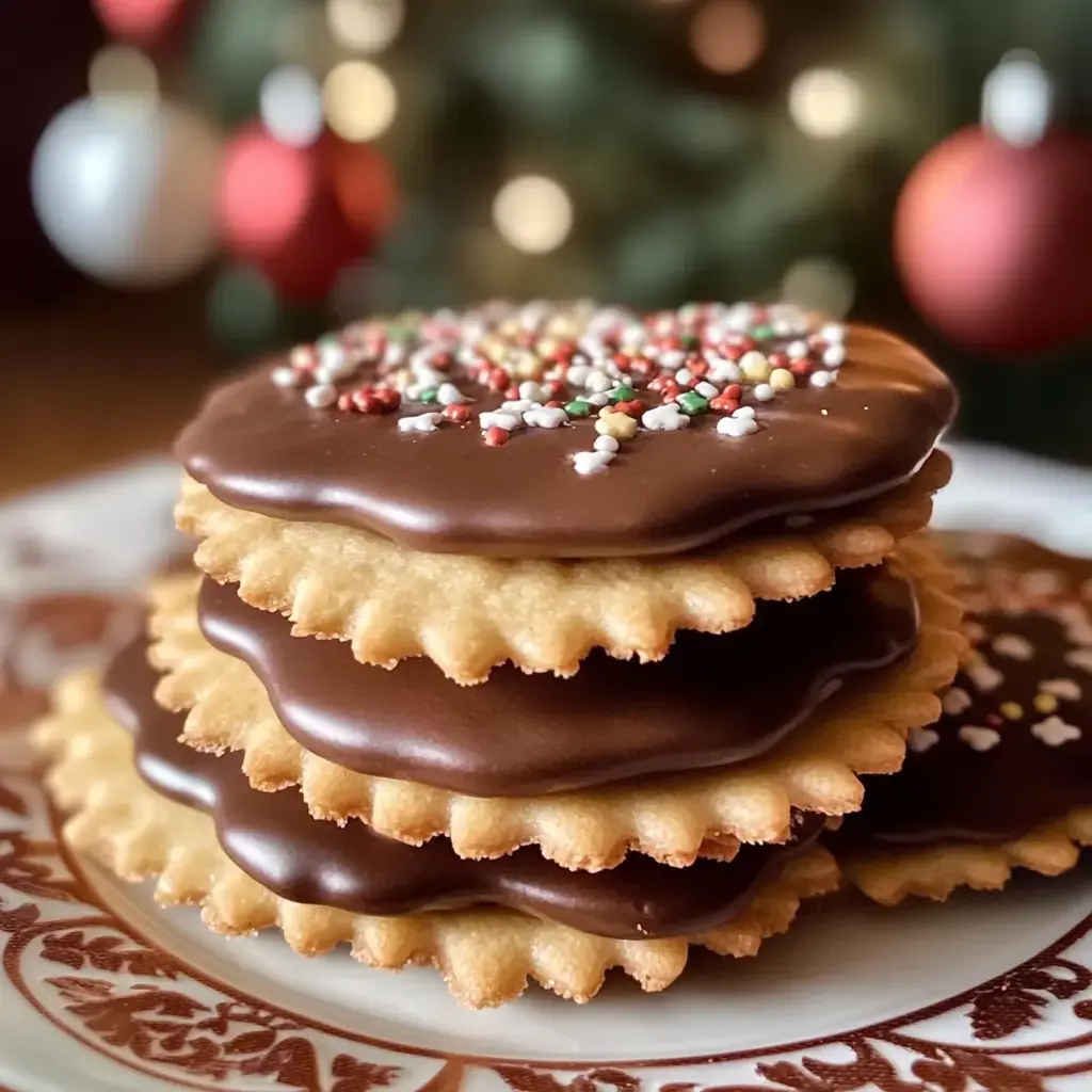Stacked chocolate-dipped sandwich cookies with sprinkles on a decorative plate, festive background softly blurred.