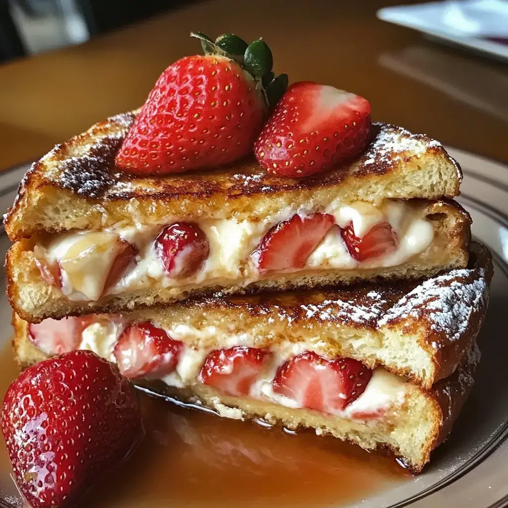 A stack of French toast stuffed with strawberries and cream, dusted with powdered sugar and topped with whole berries, ready to eat on a plate.