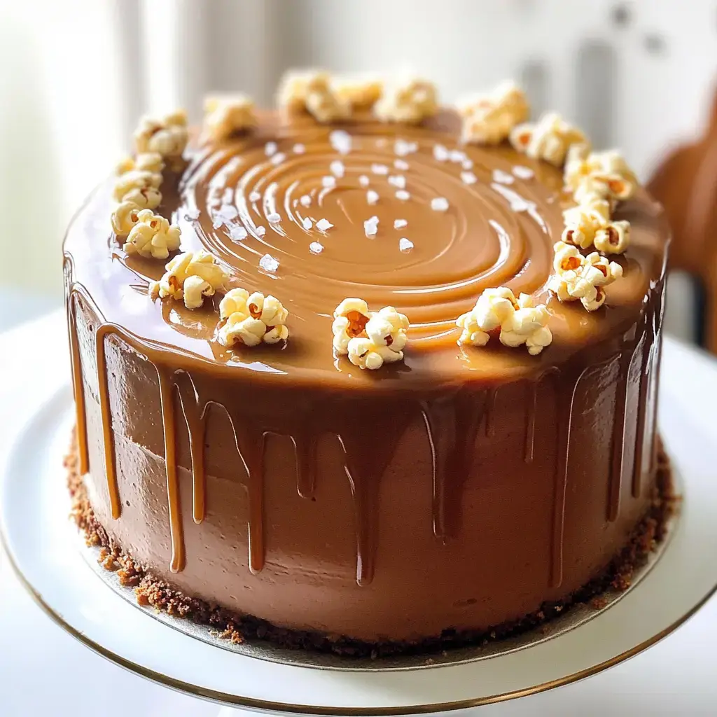 A chocolate round cake topped with caramel drip and crunchy popcorn.