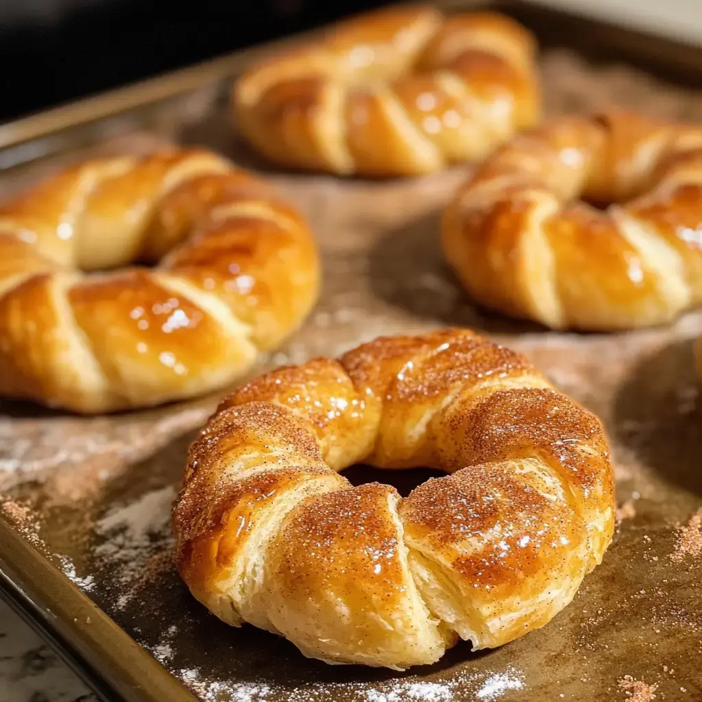 Golden pastry rings, still warm and shiny with glaze, rest on a baking sheet for serving.