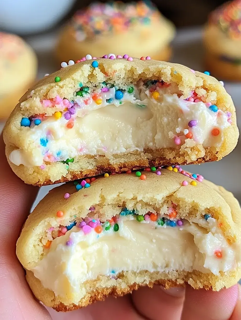 A hand is holding two cookie halves to show off their creamy insides and colorful sprinkles.