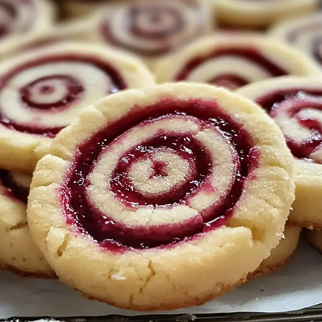Close-up shot of cookies rolled up with swirled jam at the center.