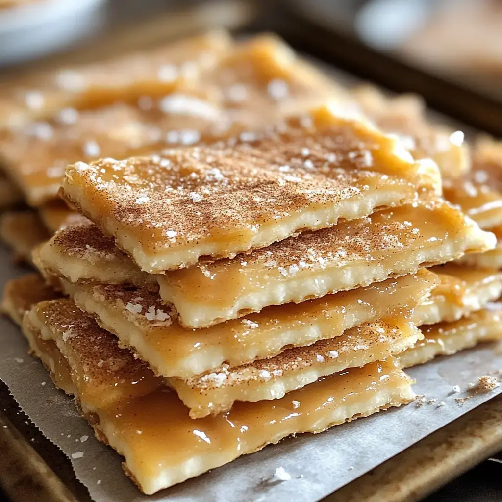 A batch of caramel and cinnamon-sugar squares, golden and glossy, stacked on a tray for snacking.