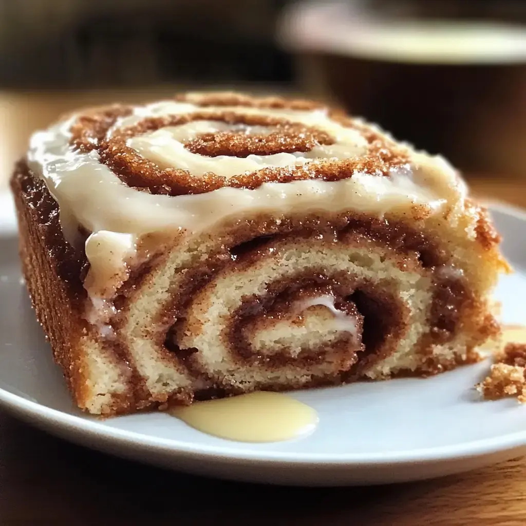 Iced cinnamon swirl cake slice on a plate showing its pretty layers.