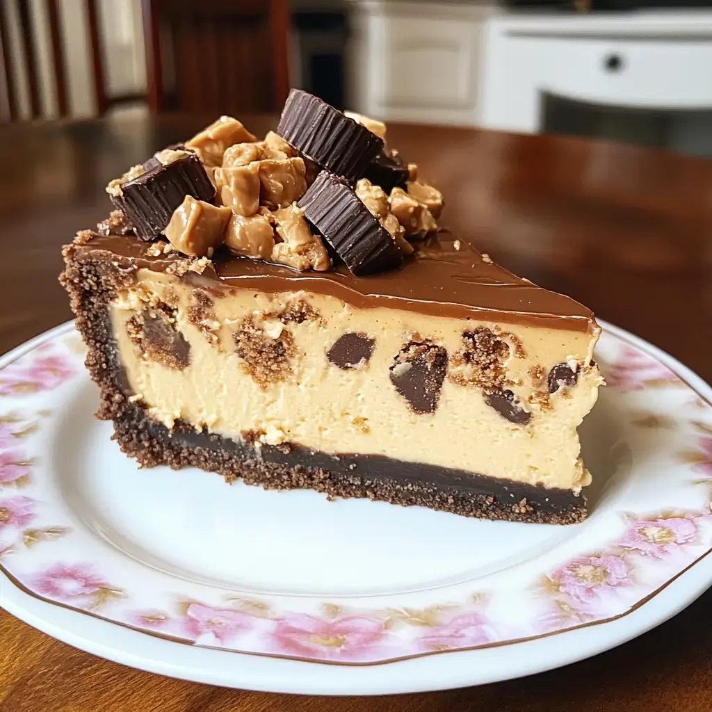Slice of creamy cheesecake layered with chocolate, crushed nuts, and broken chocolate candies on a flowery plate.