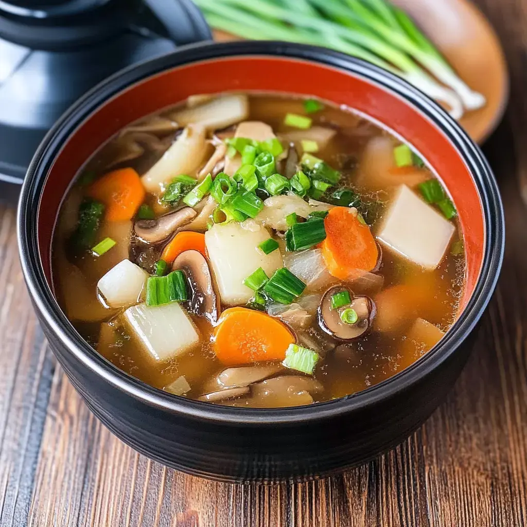 Hearty vegetable soup with mushroom, carrot bits, and green onion on top in a clear soup base.
