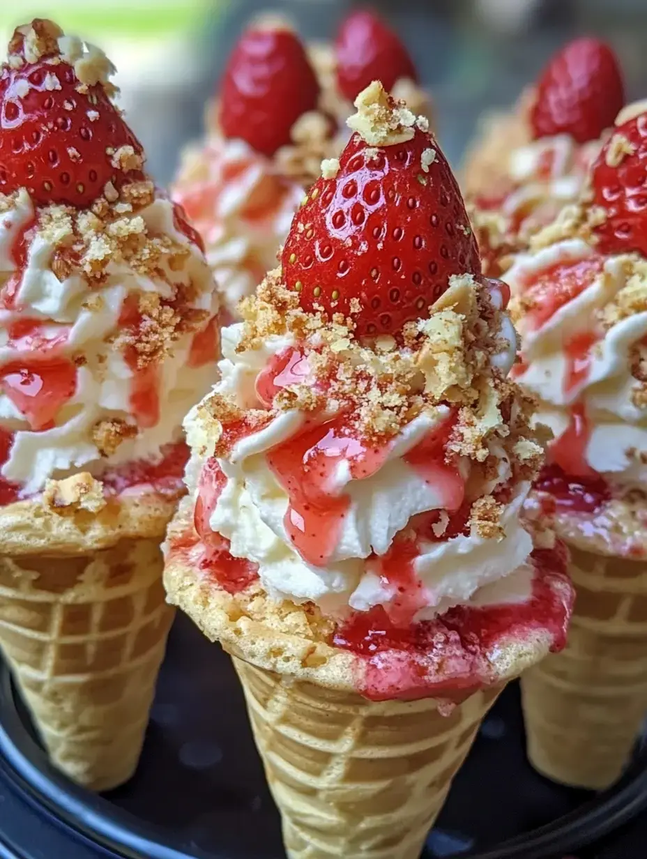 Ice cream cones piled high with whipped cream, bits of strawberries, and a crunchy topping up close.