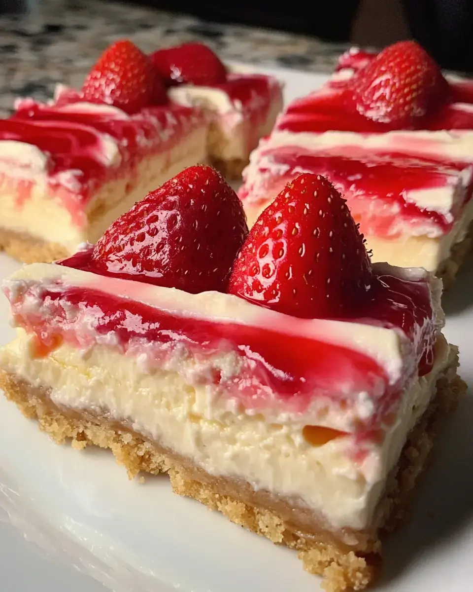 A creamy bar square with glossy strawberries and red topping on a crunchy base.