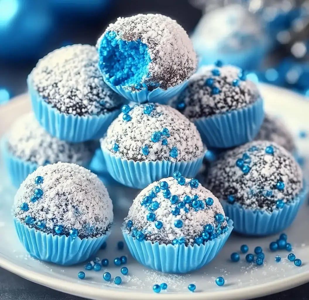 Plateful of truffles, dusted with powdered sugar and blue sprinkles—one’s split open to reveal that bright blue inside.