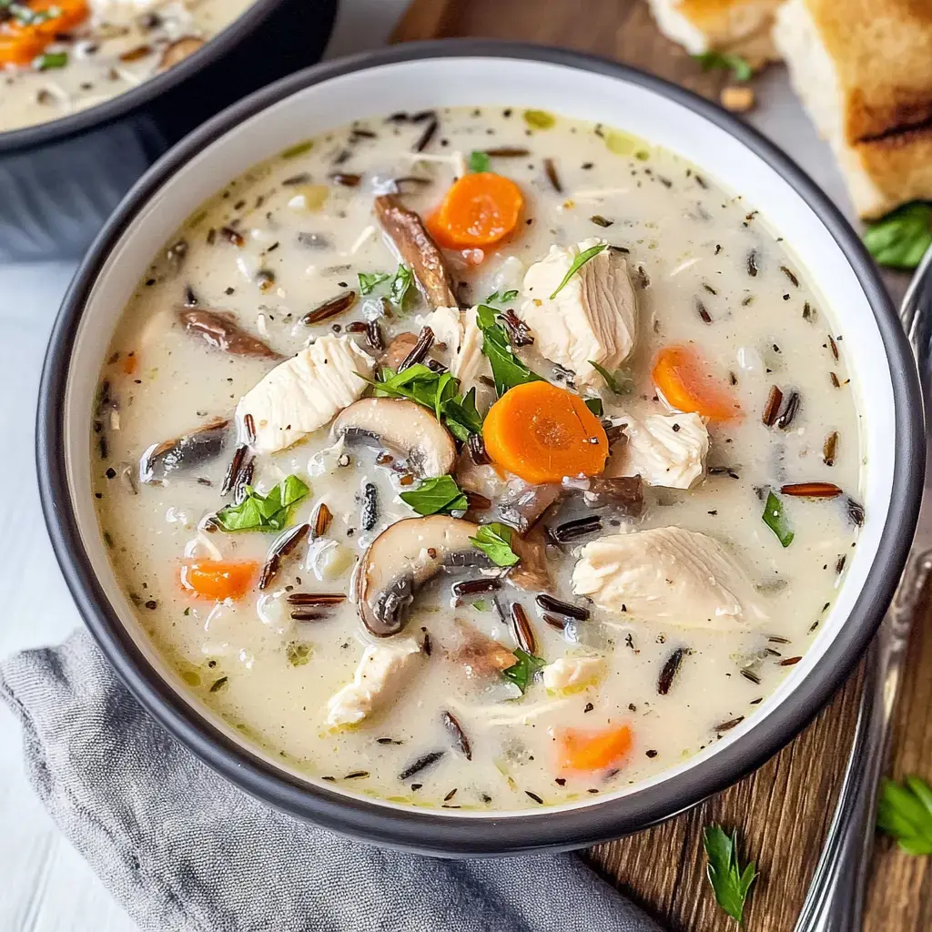 Creamy chicken wild rice soup in a bowl with carrots, mushrooms, and fresh parsley on top, served with toasted bread on the side.