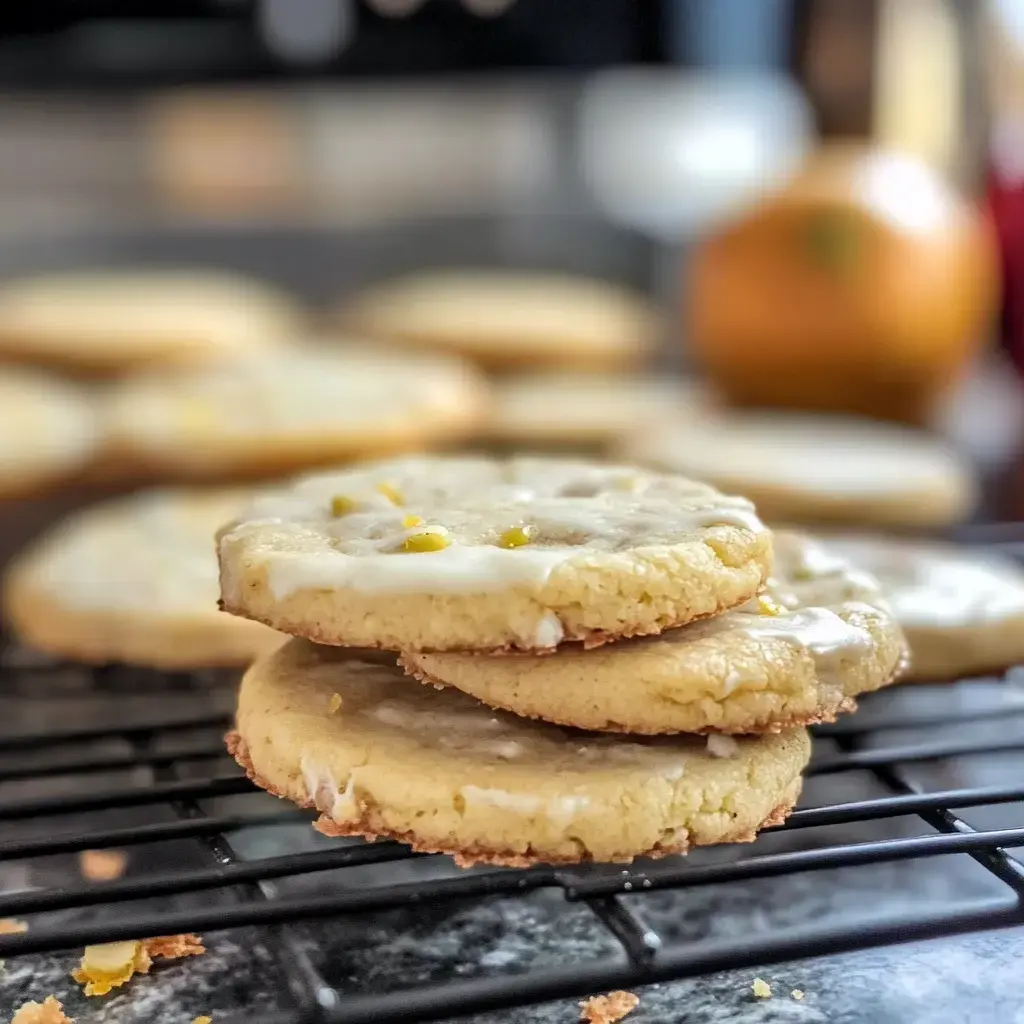 Three stacked cookies, frosted and sprinkled with yellow sugar, rest on a wire rack. More cookies and an orange peek out in the background.