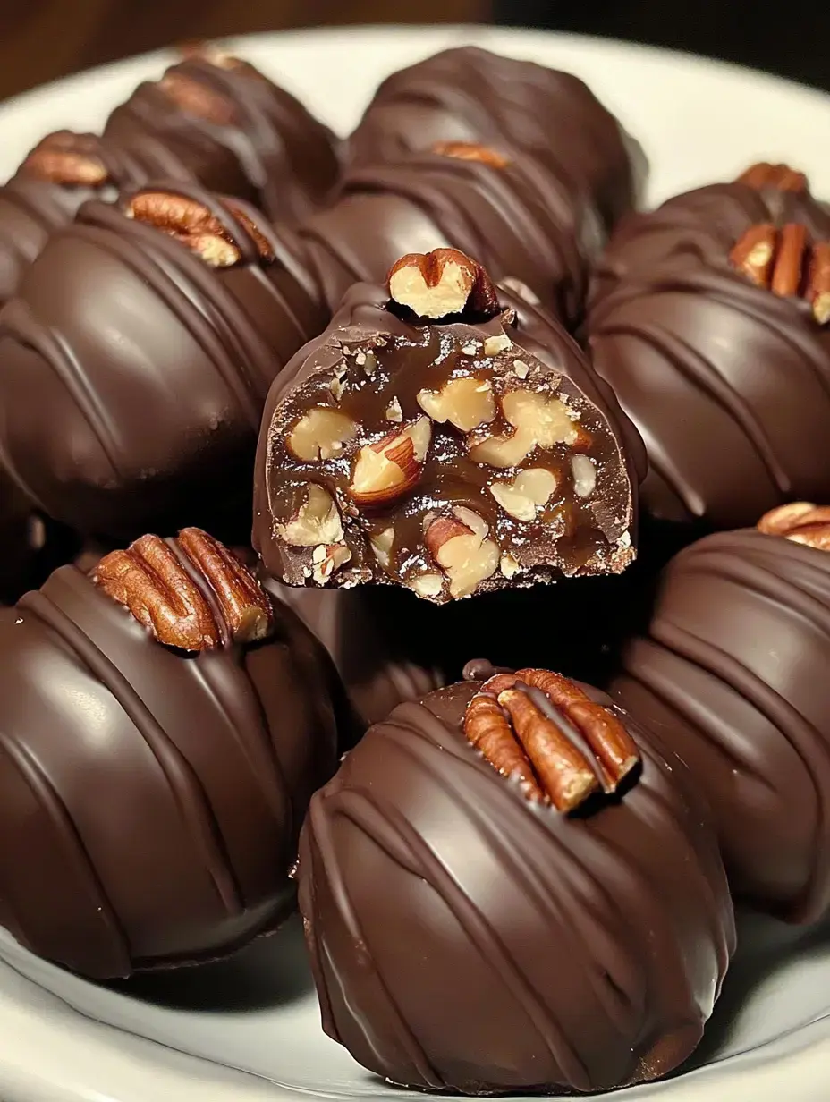 Plate full of chocolate candies with a nut filling, and one split open to show the inside.