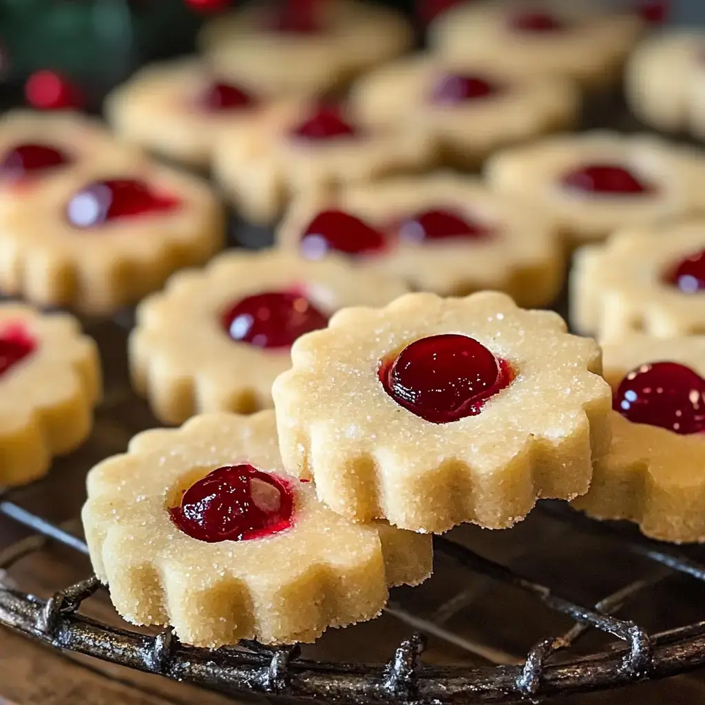 Zoomed view of flower cookies with shiny red cherry centers sitting on a wire rack.