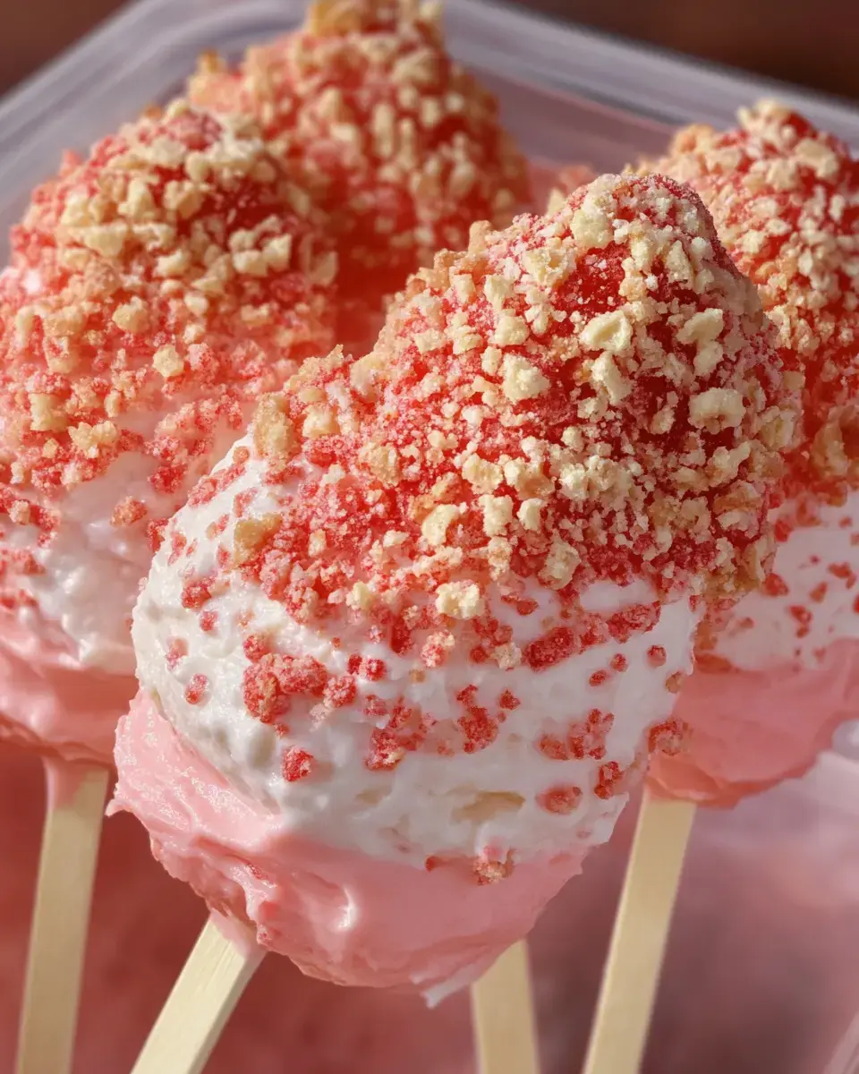 Three frozen pops on sticks, covered with pink and red-and-white crunchy sprinkles.