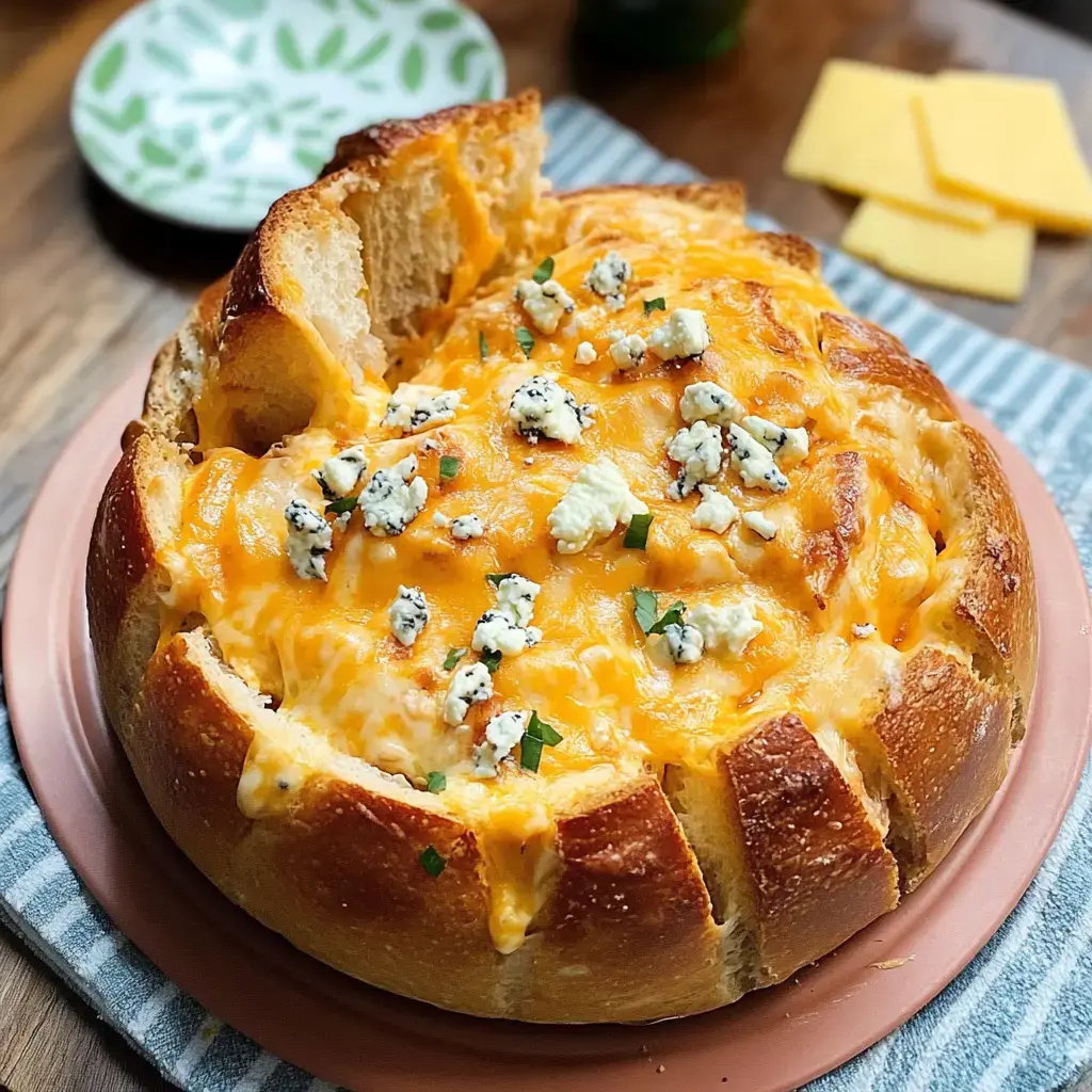 A round loaf overflows with gooey melted cheese and bits of blue cheese and herbs. It's sitting on a plate, ready to dig in.