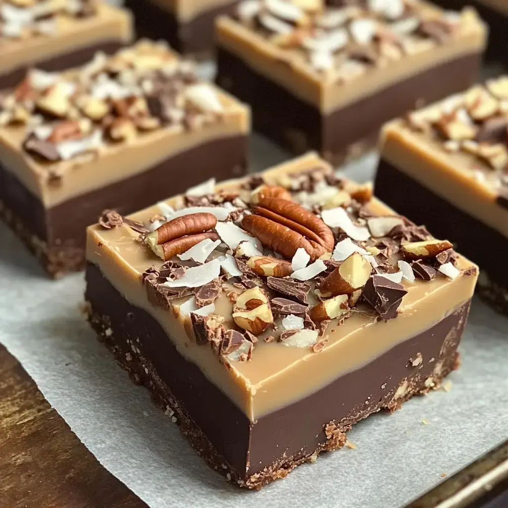Chunky chocolate squares stacked with coconut, chopped pecans, and chocolate bits on top. Close-up view.