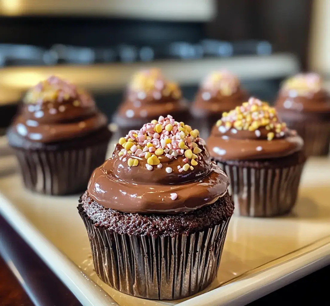 Close shot of glossy frosted chocolate cupcakes with colorful sprinkles on a white plate.