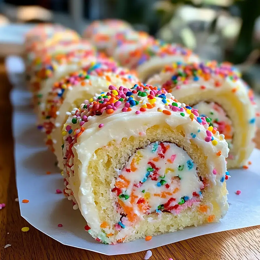 A spiraled cake bursting with color, creamy swirls in the middle, and covered in lots of bright sprinkle confetti.