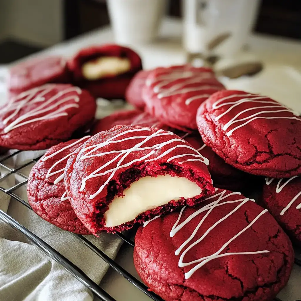 A batch of red velvet stuffed cookies, some topped with white chocolate and one with a bite showing the filling.