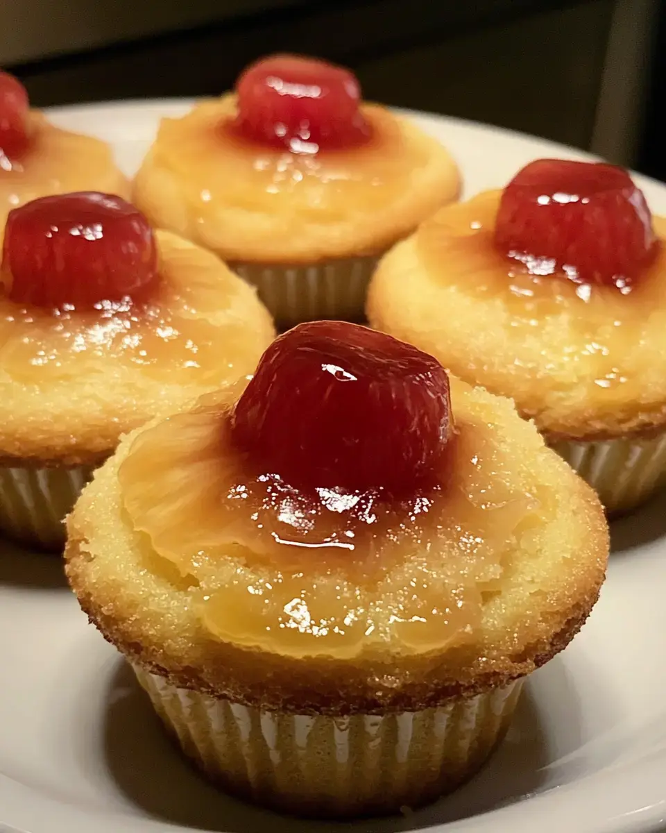 Close shot of golden cupcakes covered in sticky pineapple slices and bright cherries pulling focus.