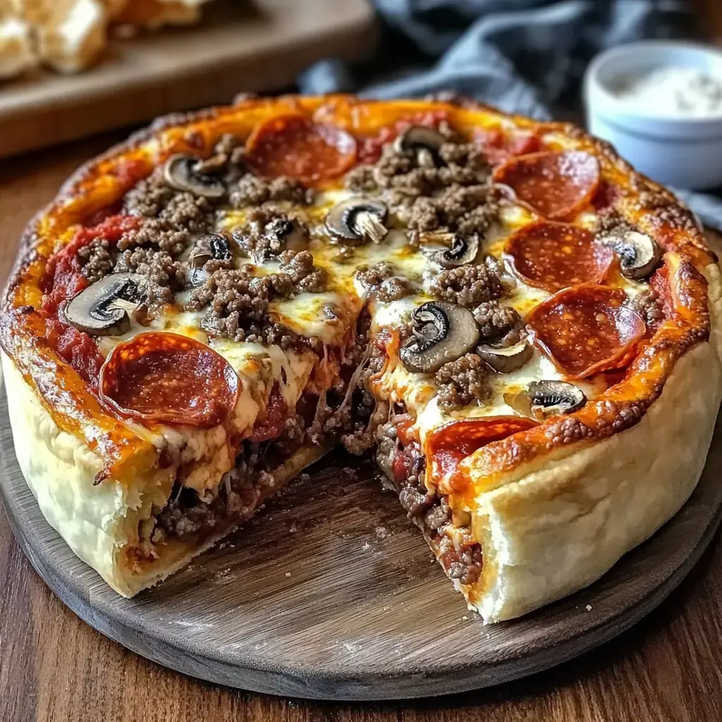 A mouthwatering thick pizza loaded with pepperoni, ground beef, mushrooms, and bubbling cheese, with a wedge missing, sitting on a wooden board.