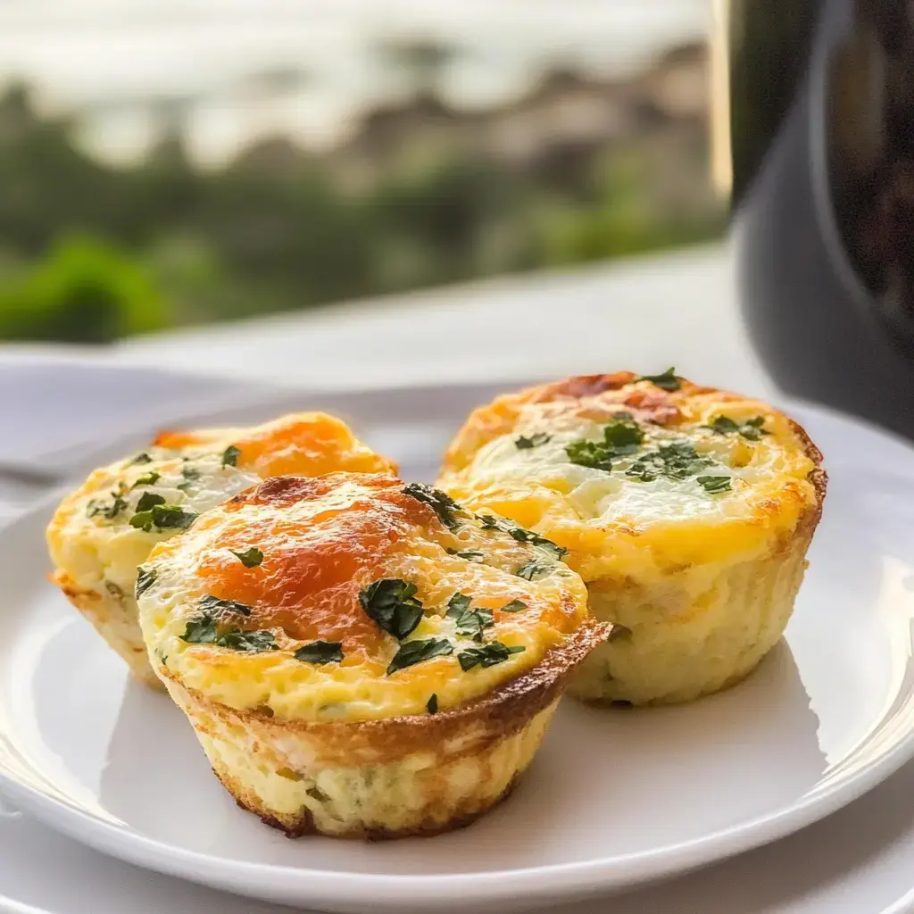 Two hot egg muffins with herbs and a bright yolk, sitting on a white plate. There's a soft, sunny background with plants out of focus.