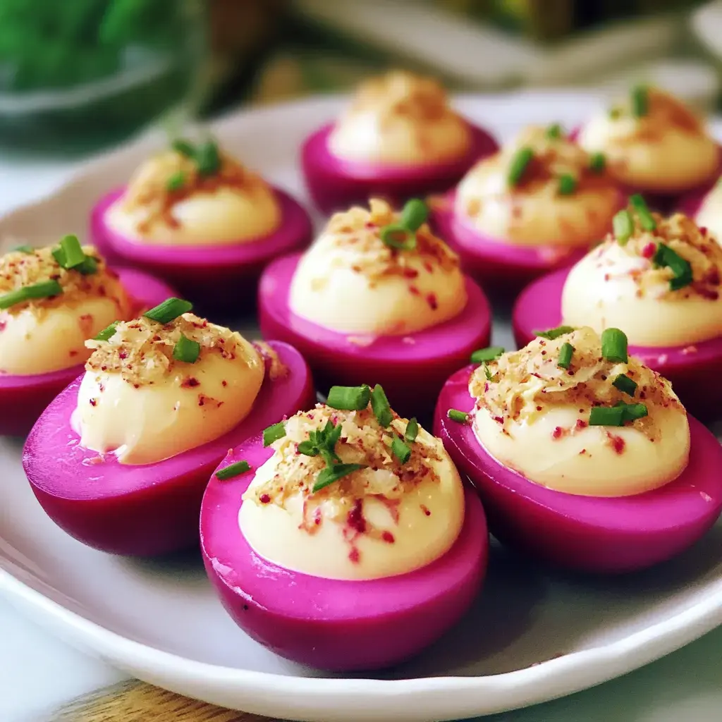 Bright pink deviled eggs on a platter, loaded with creamy centers and finished with fresh chives and spices.