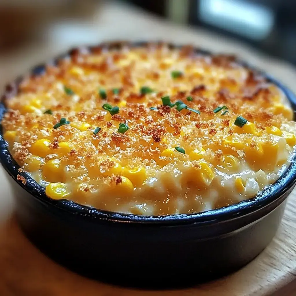 A cheesy baked mac and cheese with a crunchy breadcrumb topping and a sprinkle of green chives, served in a black pan.