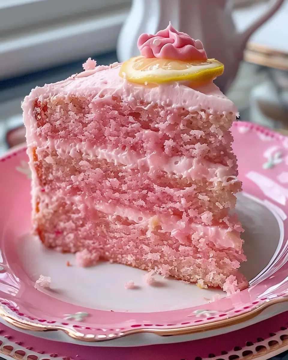 There's a pink layered cake slice on a fancy pink plate, topped with fluffy cream and a lemon wedge.