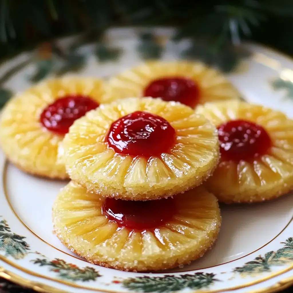 Stack of pineapple-topped sweets on a festive plate, bright cherries on top, showing off their caramel edges.