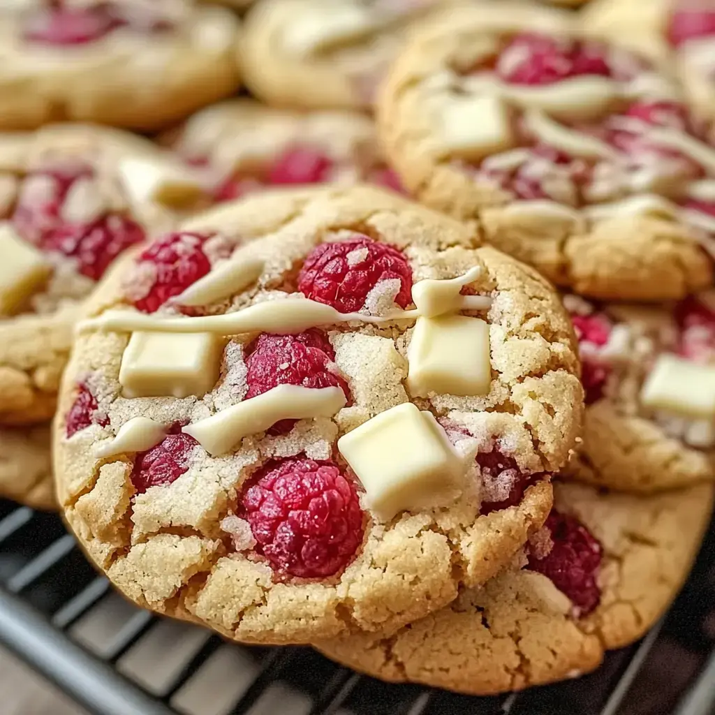 Freshly baked cookies packed with big pieces of white chocolate and raspberries.