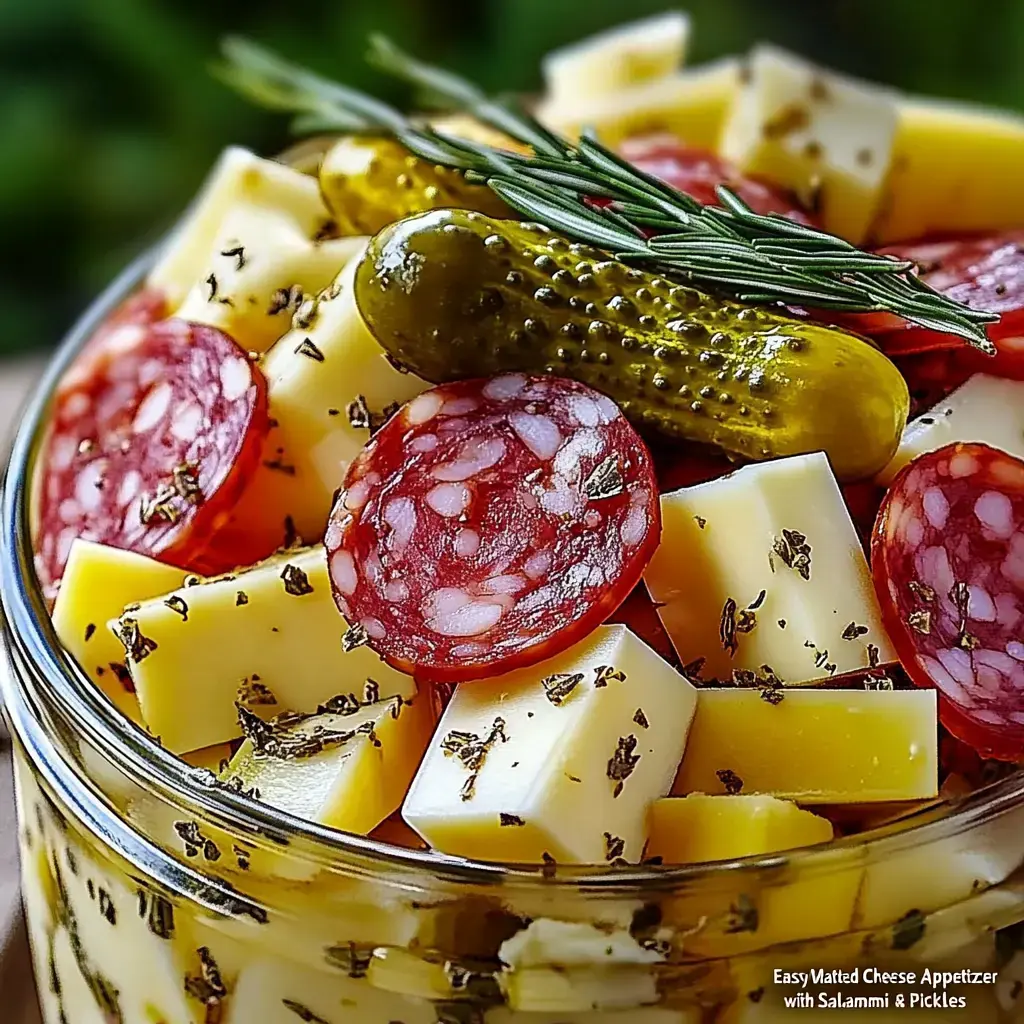 Zoomed-in shot of a glass filled with chunks of golden cheese, pieces of salami and pickles, topped off with sprigs of rosemary.