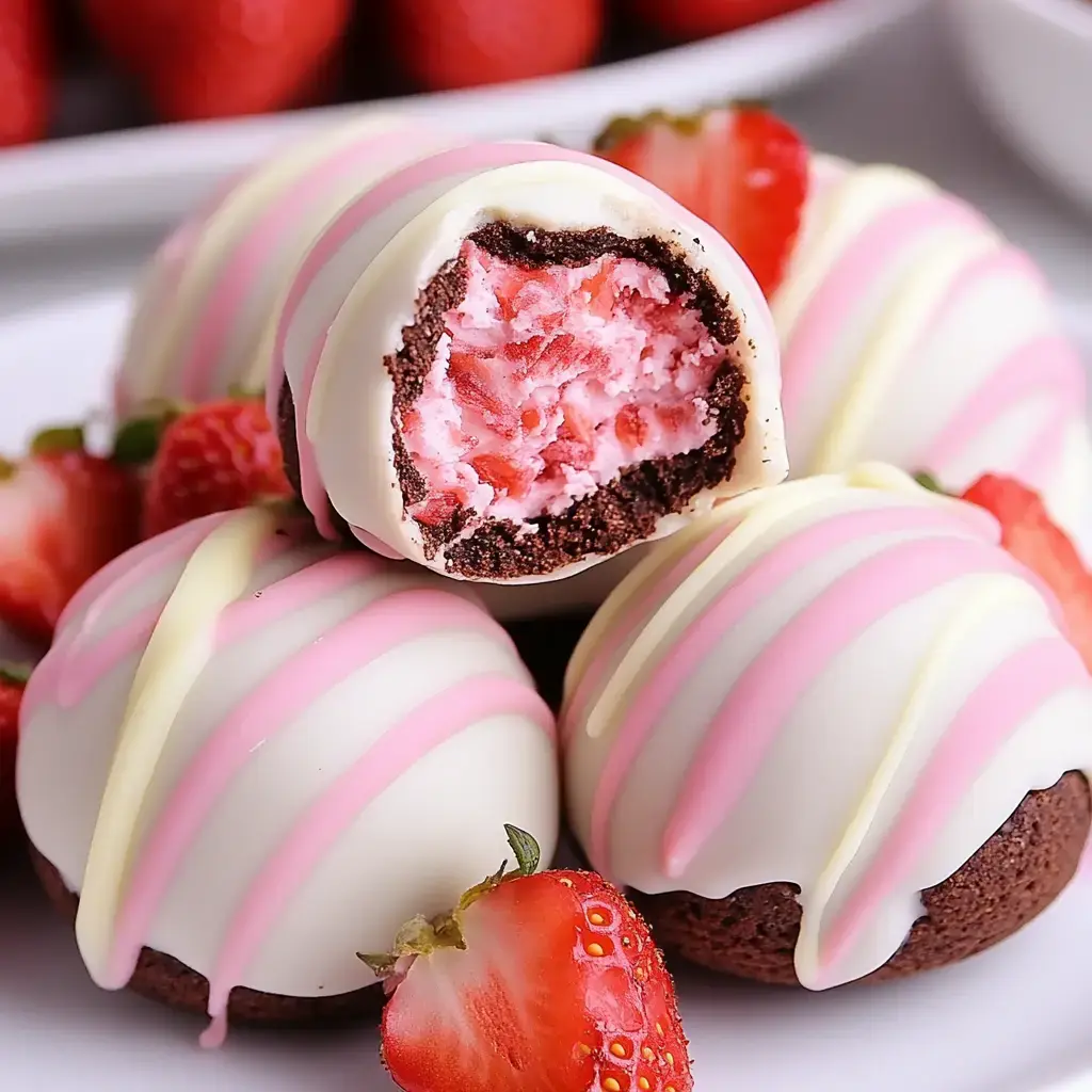 Close-up view of round chocolate-coated sweets with pink and white lines, one split open showing a juicy strawberry center beside whole strawberries.