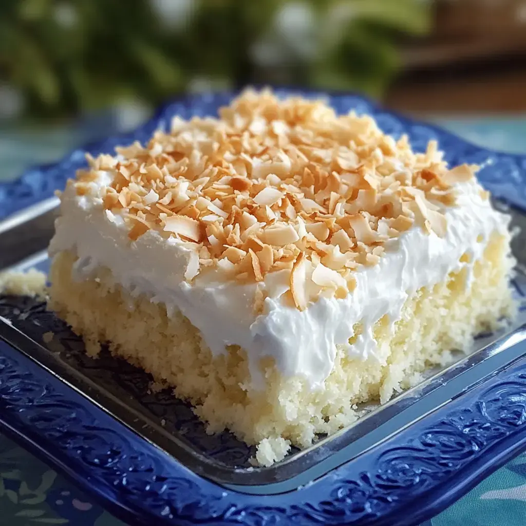 A piece of coconut cake close up, topped with whipped cream and golden toasted shreds, sitting on a blue patterned plate.
