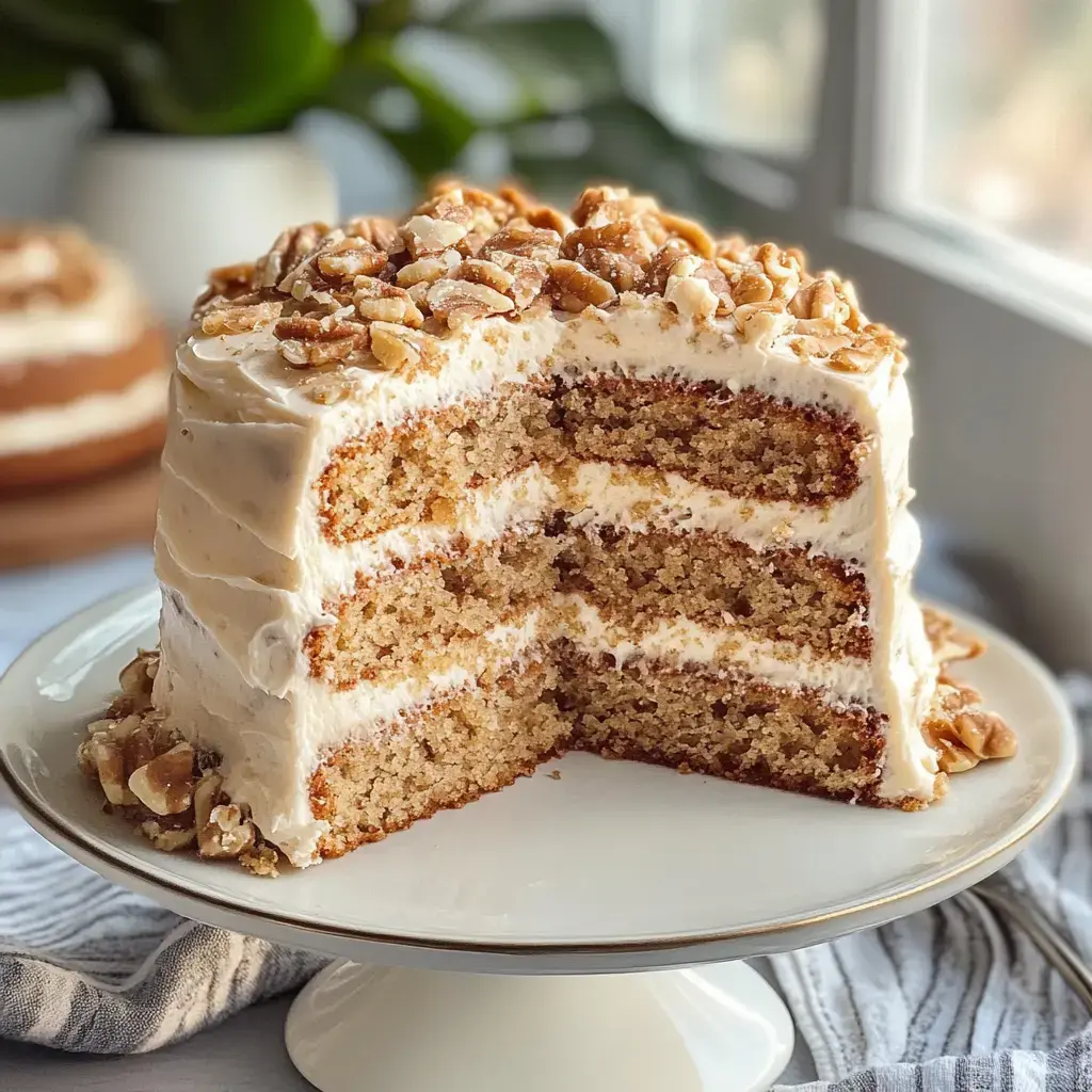 Three-layered cake with creamy frosting and chopped nuts sits on a white stand, ready to be served.