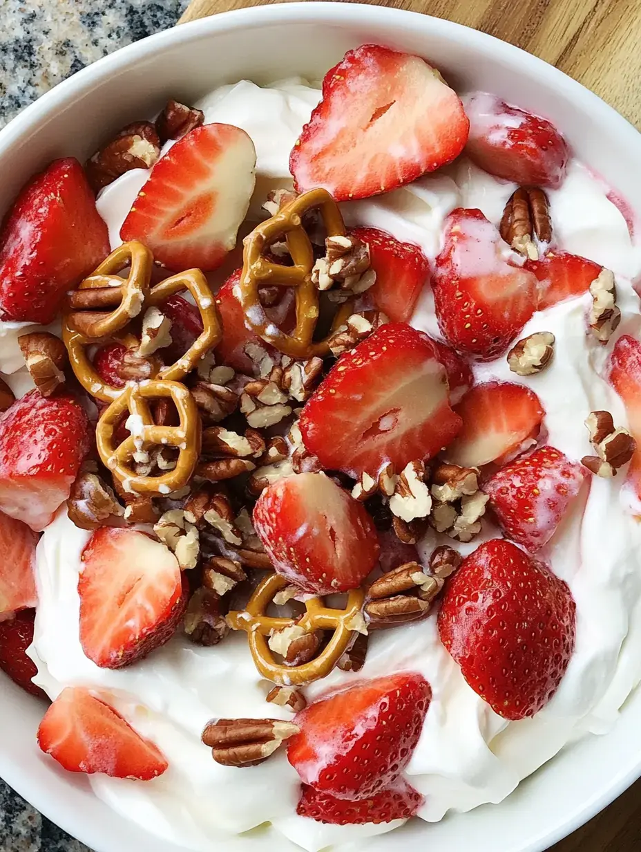 A bowl piled with whipped cream, juicy strawberries, nut chunks, and pretzels scattered on top.