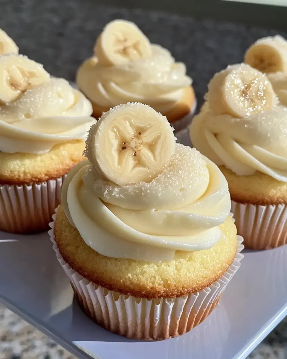 Close-up shot: a few dressed up cupcakes with creamy frosting and banana slices.
