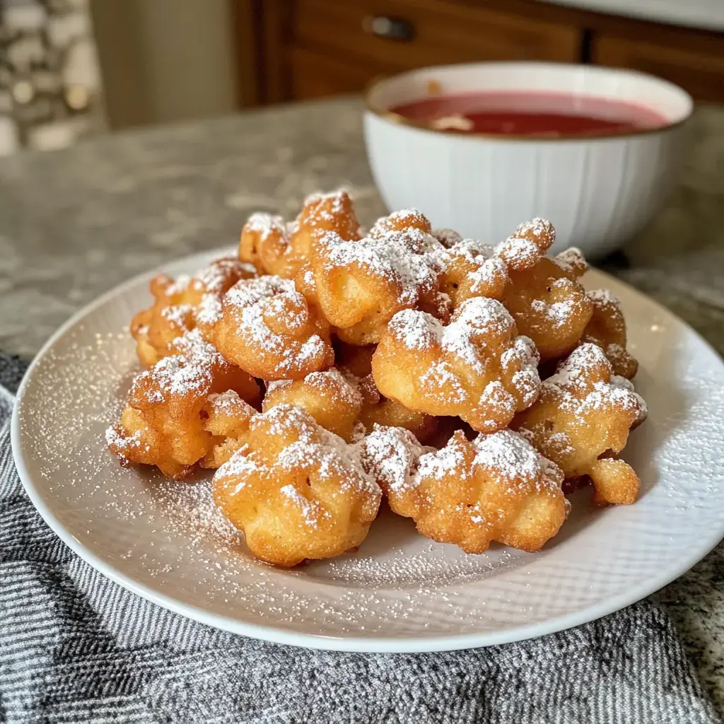 A plate with doughy fried bites covered in powdered sugar, served near a little bowl filled with red sauce.
