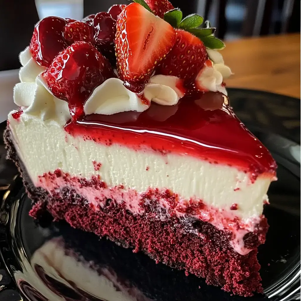 A wedge of red velvet cheesecake sits under a heap of strawberries and gooey red sauce on a black plate.