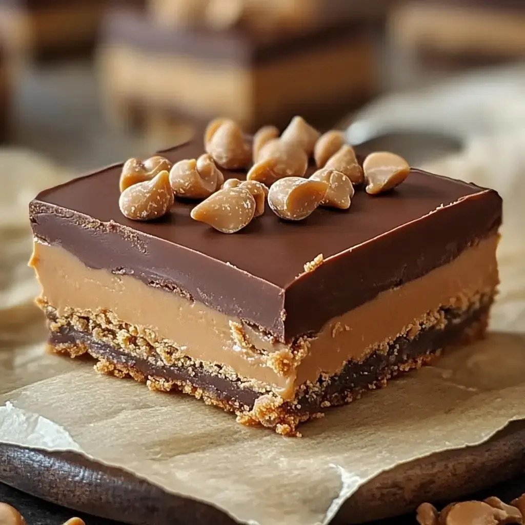 A rich dessert bar stacked with chocolate, a gooey caramel layer, and a crunchy bottom, topped with chocolate chips.