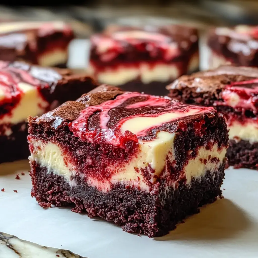 You can see the rich red velvet and the thick cream cheese swirls up close in these brownies. They look soft with bold colors and creamy layers.