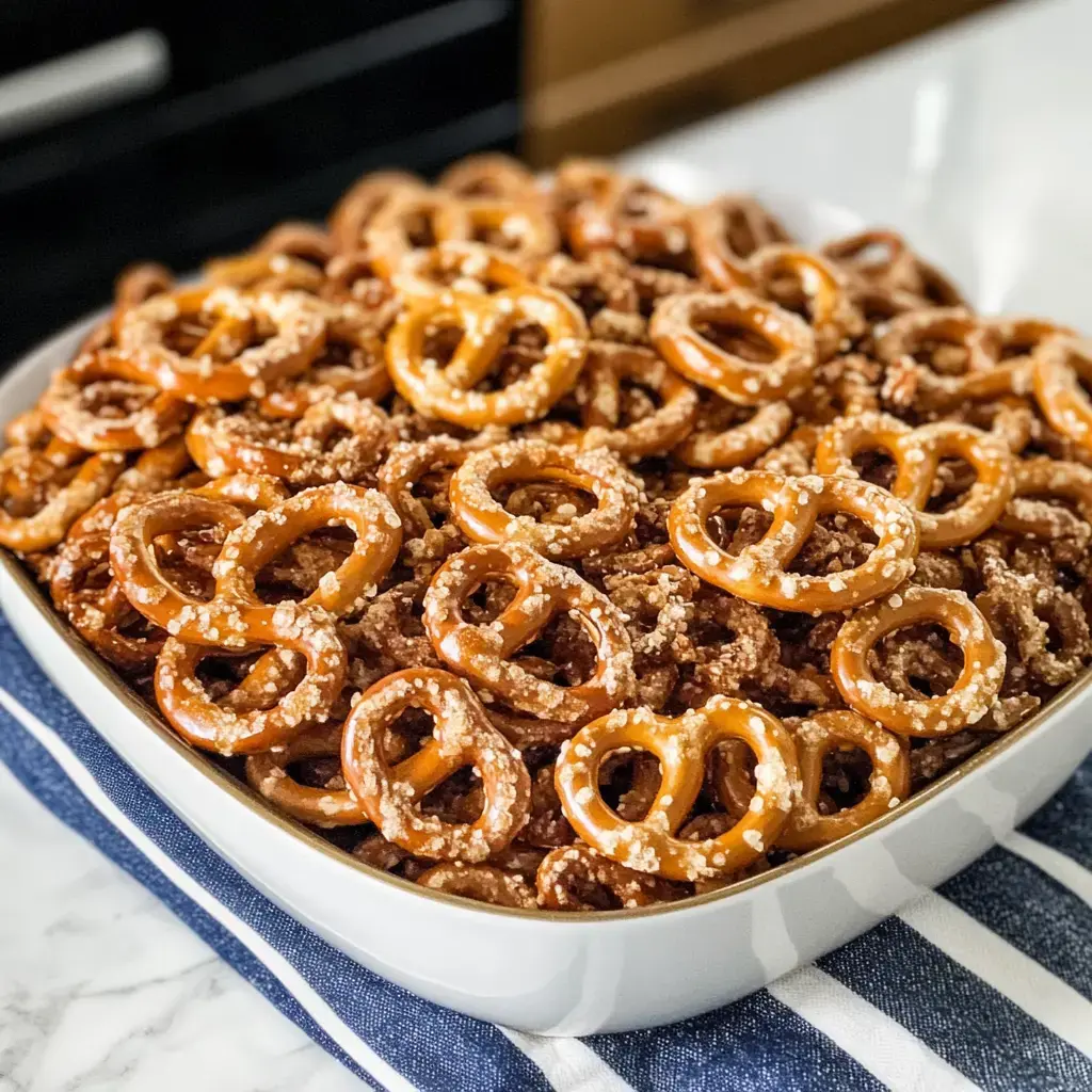 A heaping bowl of pretzels sitting on a blue-and-white striped cloth.