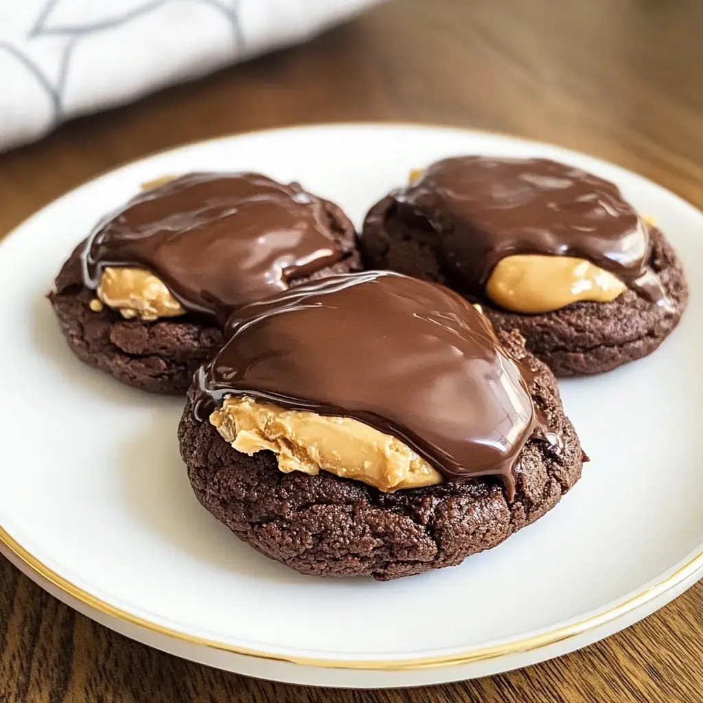 A plate stacked with three chocolate cookies, each layered with rich chocolate and peanut butter in the center.