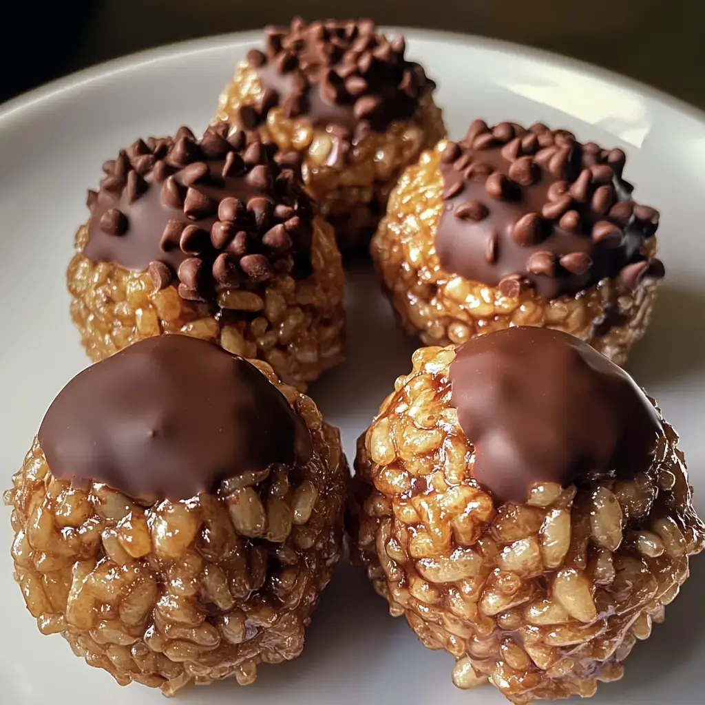 Six chocolate-topped rice crispy balls with chocolate chips on a plate.