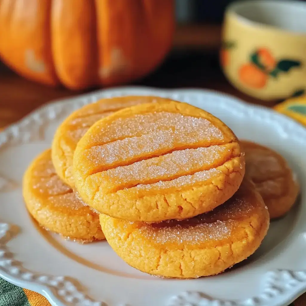 Sugar-dusted orange cookies shaped like pumpkins on a plate, with a fuzzy pumpkin and bright mug in the background.