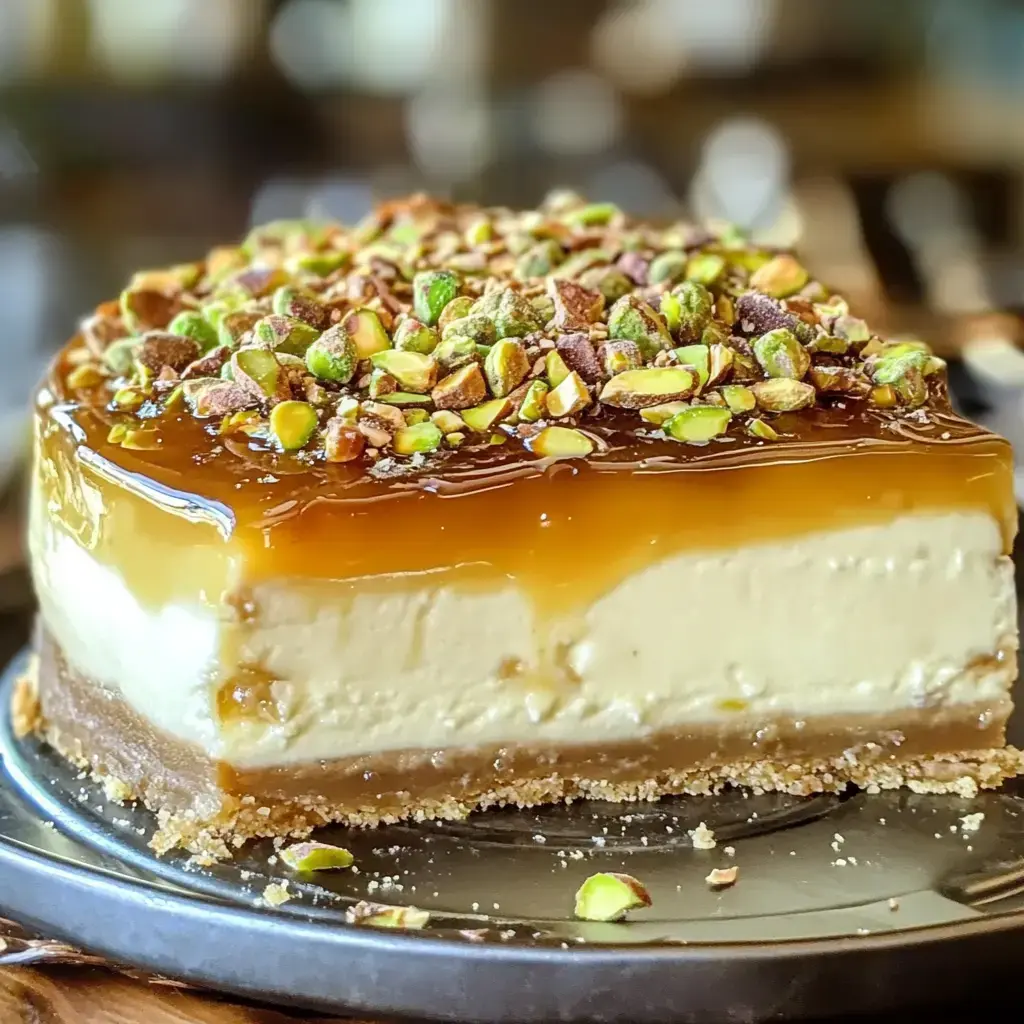 Slice showing creamy center with caramel on top and pistachio bits layered over a crisp base.