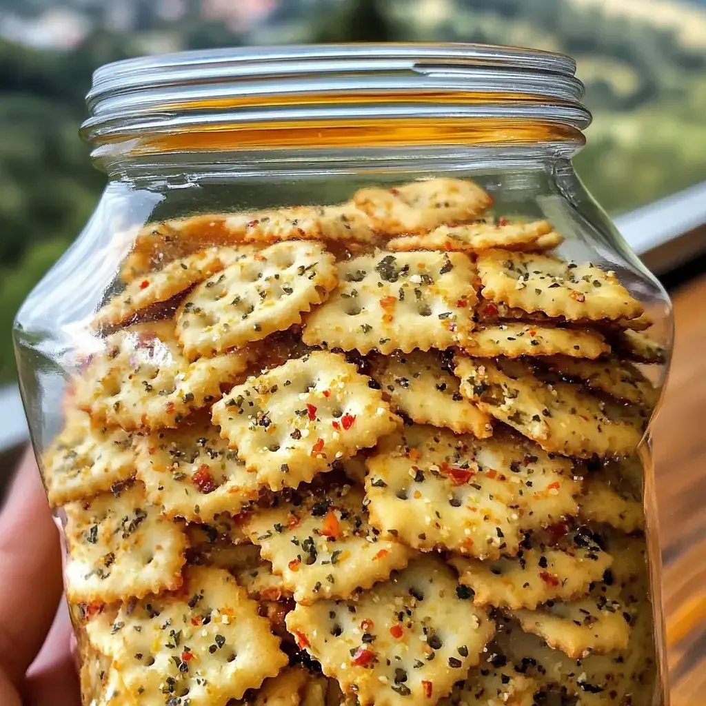 A big glass jar jammed with crunchy, spiced-up crackers coated in herby goodness.